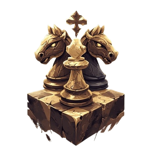 SharpSquare Logo A rustic-style 4x4 chessboard with a king and 2 knights